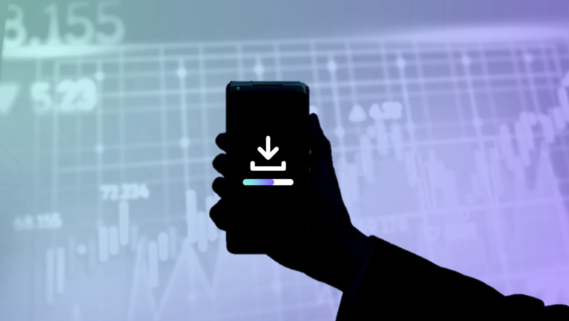 Person holding a mobile phone with a download symbol on it