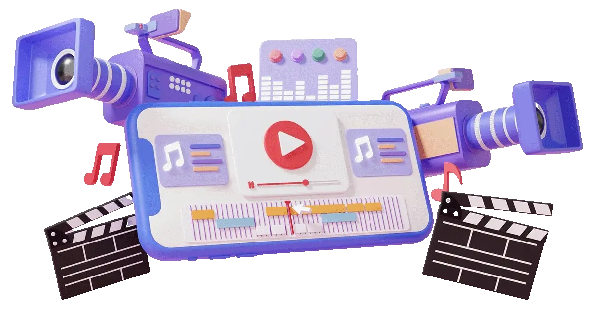 3D illustration of a crypto content clipping production setup with camera and video editing tools